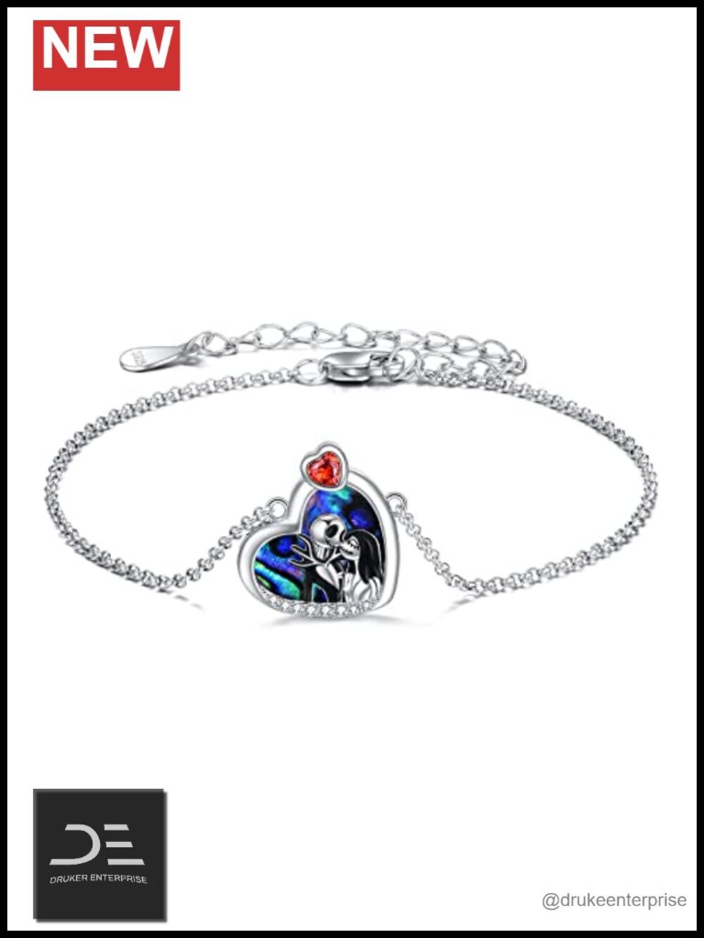 Sterling Silver Jack & Sally Skull Bracelet Adjustable Halloween Gift